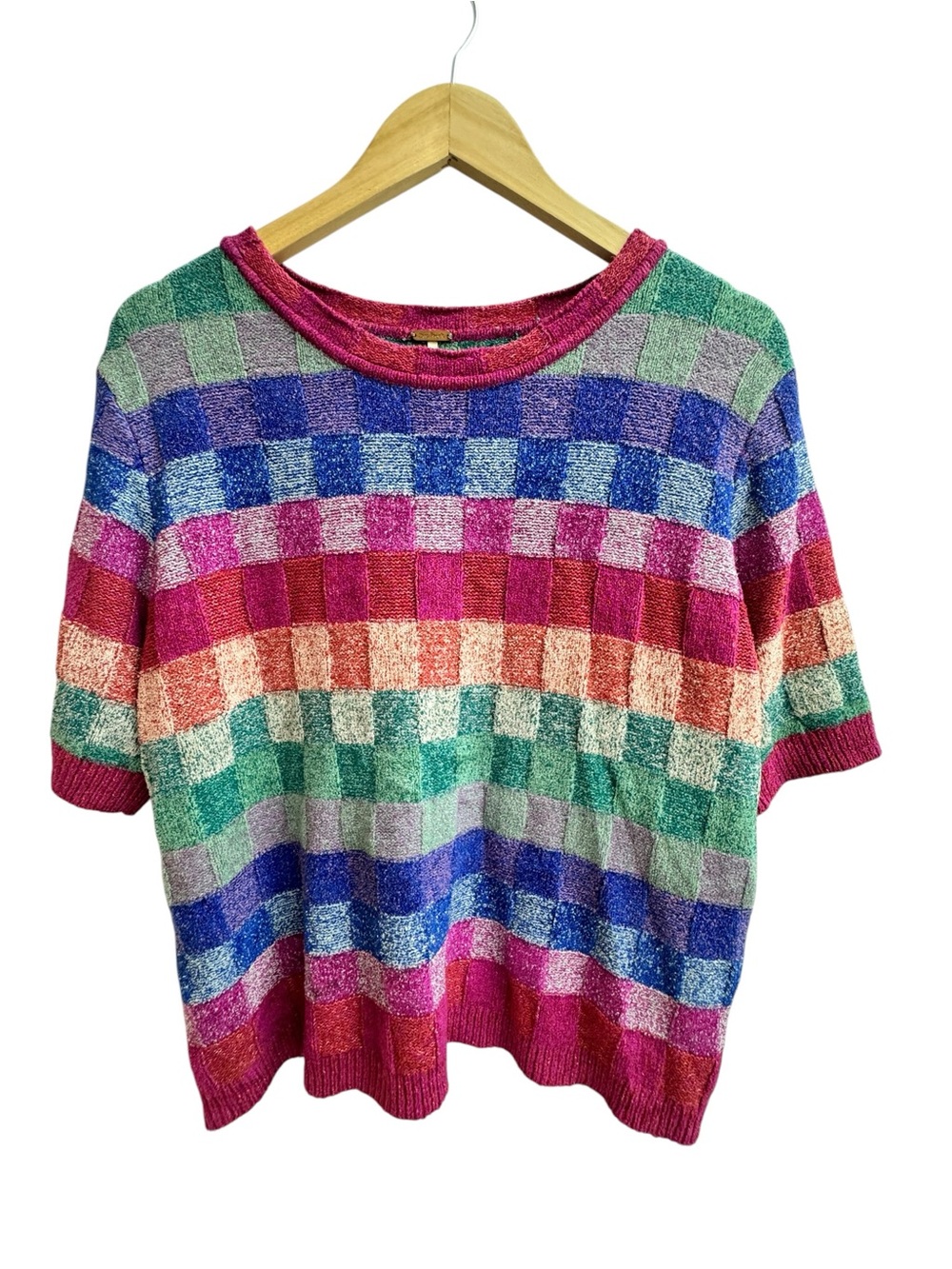 Free People Sweater Top Women Medium Pink Blue Short Sleeve Knit Hudson M - Picture 3 of 9